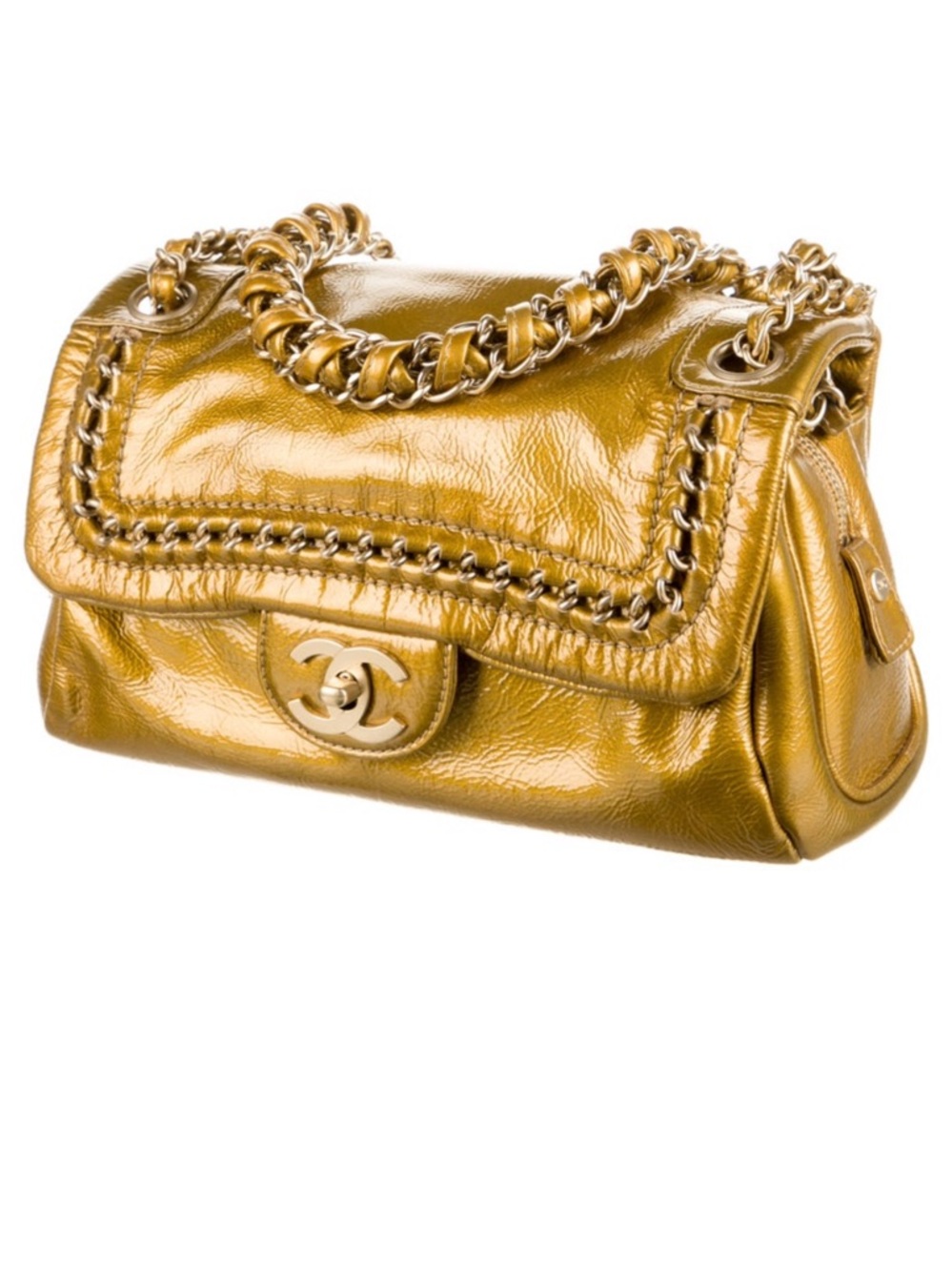 CHANEL Metallic Gold Patent Leather Flap Shoulder Bag